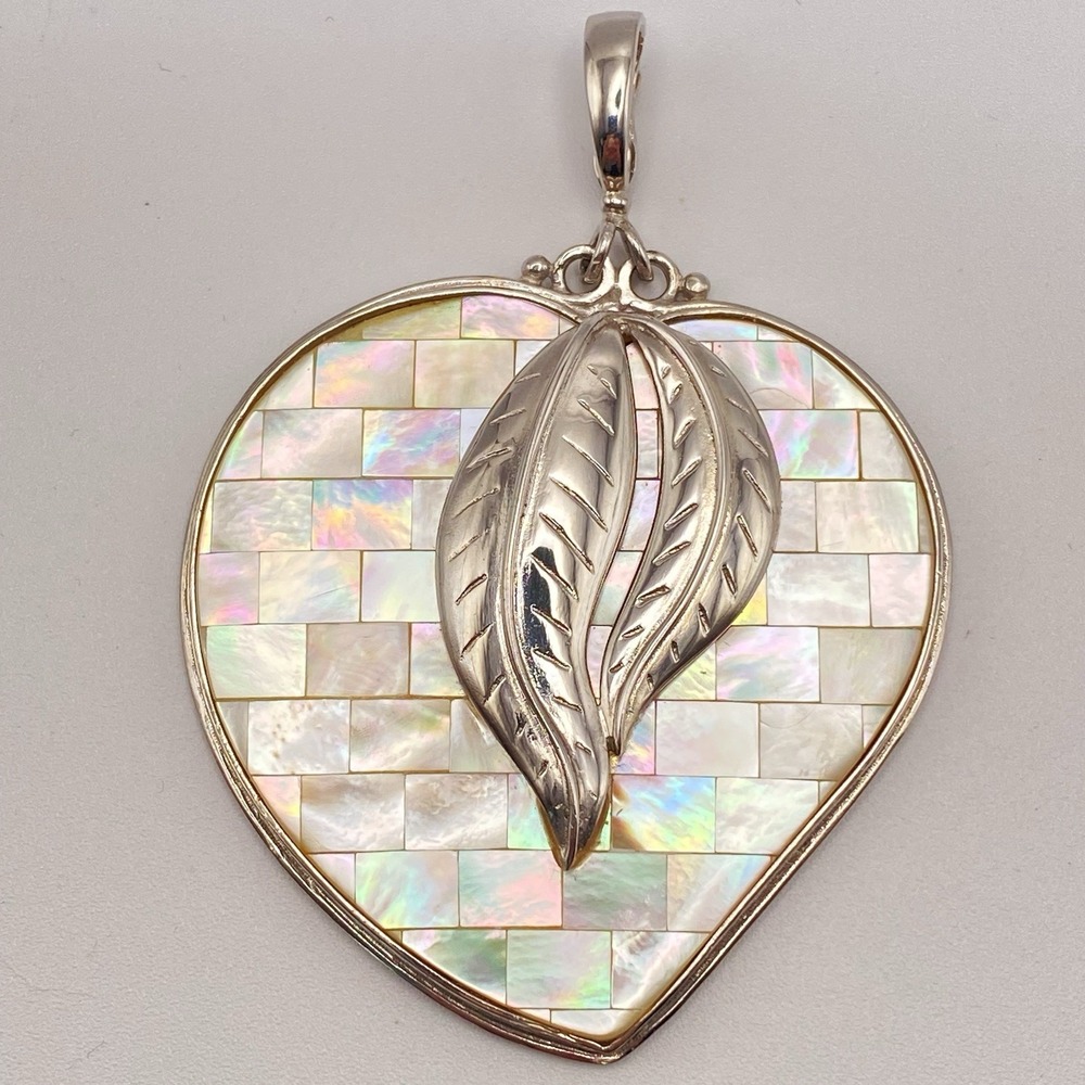 Sajen 925 Sterling Silver Heart Pendant Vintage Mosaic Mother of Pearl